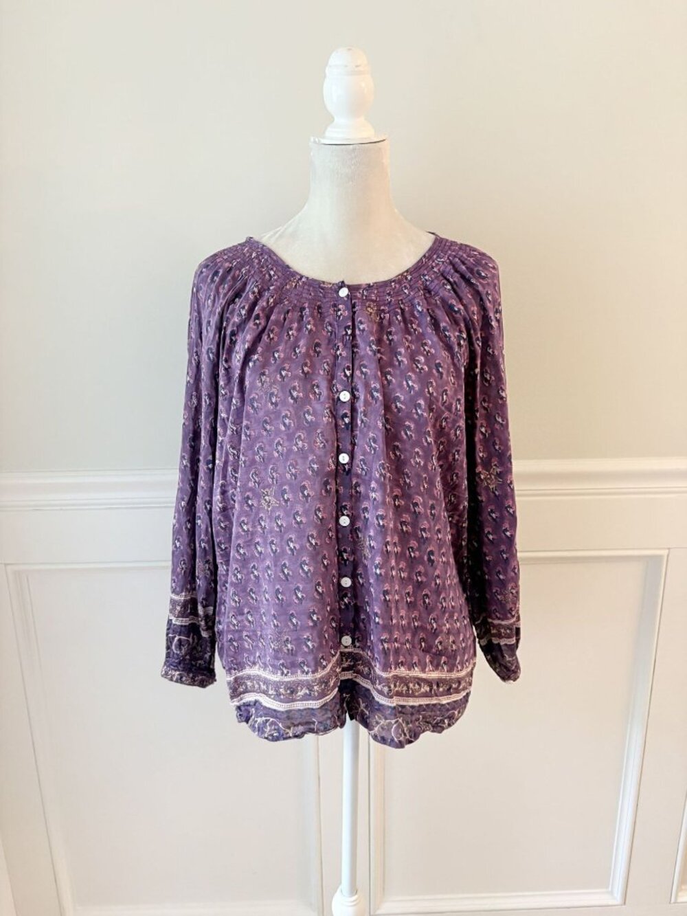 Alicia Bell Button Front Blouse Purple Print XL Silk Cotton
